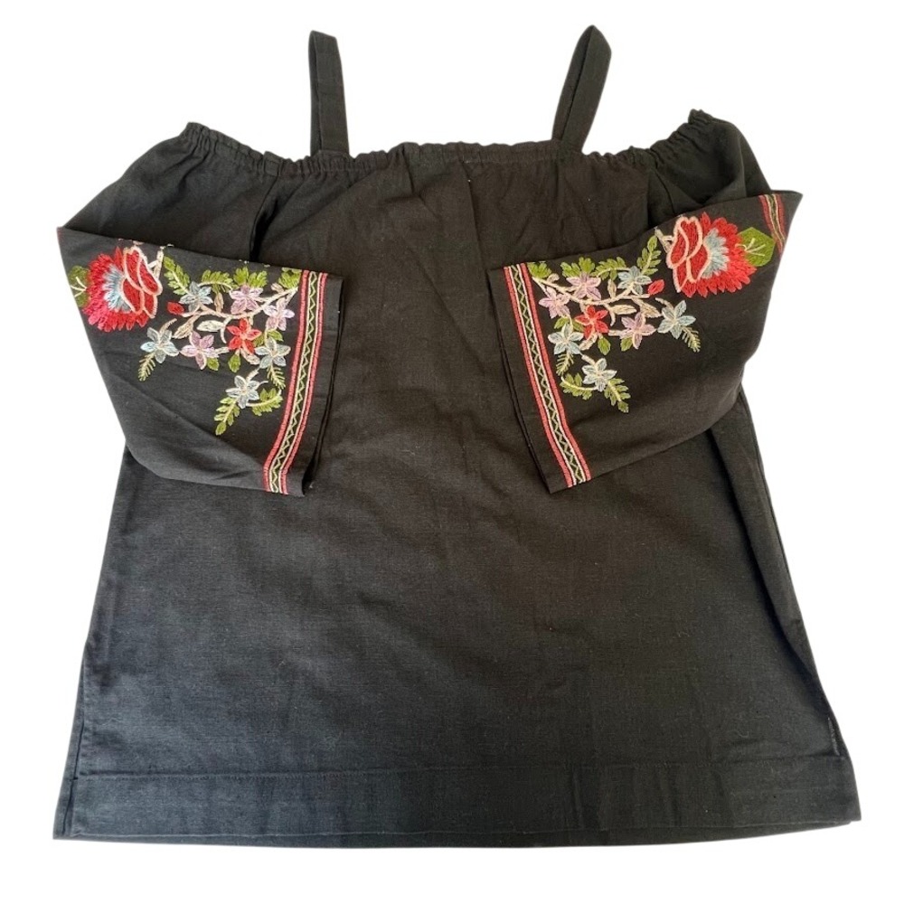 Rebellion Black Floral Embroidered Off Shoulder Peasant Top Womens L Boho - Picture 2 of 5